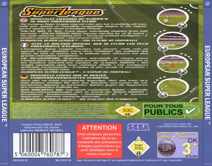 Jeu Sega Dreamcast European Super League - Version PAL Promo/presse White Label - État Comme Neuf